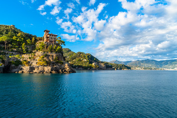 Fototapeta na wymiar Medieval castle on the cliff near Portofino, Ligurian coast in Italy