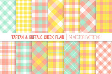 Yellow, Mint and Coral Tartan and Gingham Check Plaid Vector Patterns. Pastel Easter Colors. Living Coral - 2019 Color of the Year. Hipster Flannel Shirt Fabric Prints. Pattern Tile Swatches Included.
