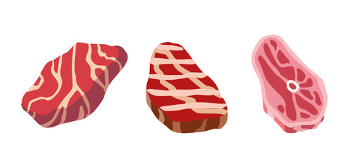 Steak icon set. Cartoon set of steak vector icons for web design.