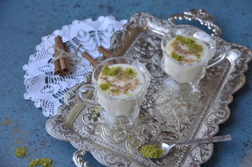 milky dessert in a glass, sahlep