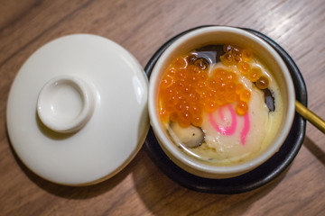 Ikura Chawanmushi Savoury steamed egg custard with prawn, chicken, gingko nut, mushroom and salmon roe