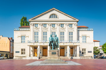 Weimar Nationaltheater with Goethe-Schiller monument, Thuringia, Germany