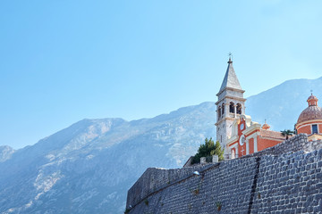 Church of St. Matthew (Crkva Sv. Matije) with the bell tower in the Dobrota town, Montenegro, Europe