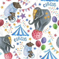 Watercolor painting seamless pattern with bear and elephant on circus show © ramiia