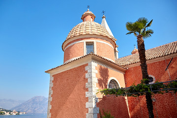 Church of St. Matthew (Crkva Sv. Matije) with the bell tower in the Dobrota town, Montenegro, Europe