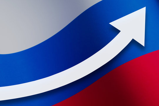 White arrow growth up on the background of the Russia flagl