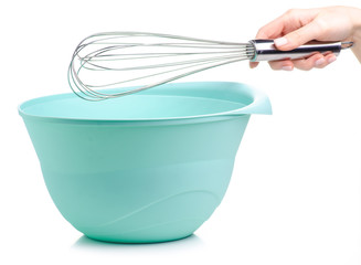 Green bowl and kitchen whisk corolla in hand on white backgrund isolation