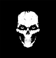 Illustration of a white skull on a black background. Skull for tattoos. Illustration for a scarf. Silhouette drawing. The face of death. Mask. Scary skull with eyes. A look from the underworld.