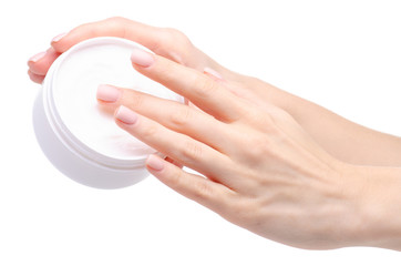 Female hands white jar cream care beauty on white background isolation
