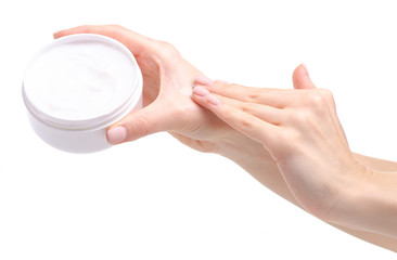 Female hands white jar cream care beauty on white background isolation