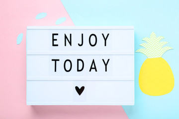 Lightbox with words Enjoy Today and paper pineapple on colorful background