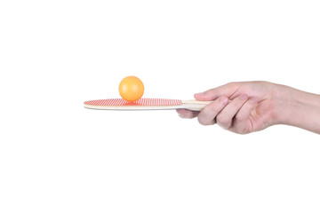 Hand holding table tennis racket with ball on white background