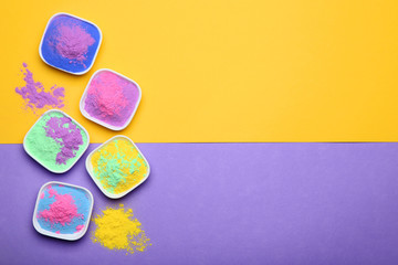 Colorful holi powder in bowls