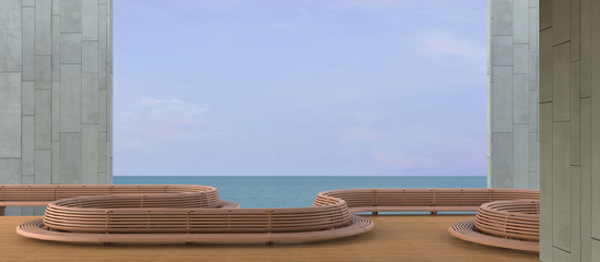 Beach Lounge , sundeck and sea view balcony On the winter holiday / Concrete wall / 3d render