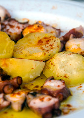 Octopus with potatoes served on a plate