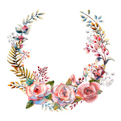 Set of flower branches. Pink rose flower, green leaves, red . Wedding concept with flowers. Floral poster, invitation. Watercolor arrangements for greeting card or invitation design.