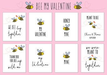 Valentine's day cards with cute bee, vector set