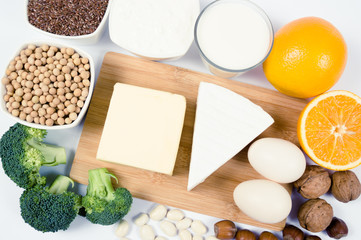 Food products containing a large amount of calcium isolated on white background.