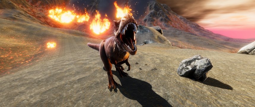 Extremely detailed and realistic high resolution 3d illustration of a T-Rex during the Dinosaur Extinction