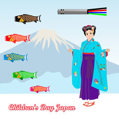 on the background of Mount Fuji stands a girl in a kimono. near flying fish as a symbol of children's holiday.