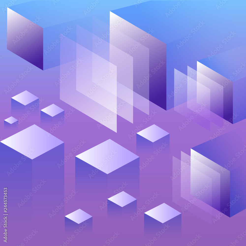 Poster vector isometric geometric pattern bright background with blocks, boards and cubes.