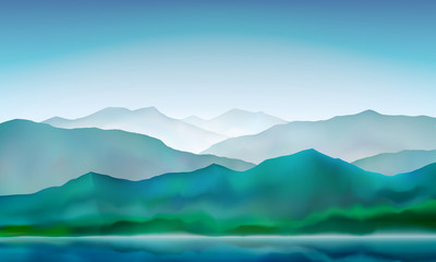 Mountain lake peaceful landscape, misty calm natural background. Blue mountain and hills landscape. Vector illustration.