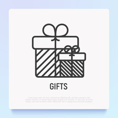 Gifts with bow thin line icon. Modern vector illustration.