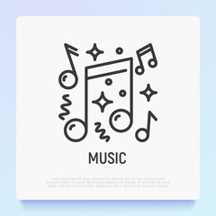 Music at party thin line icon: notes and confetti. Modern vector illustration.