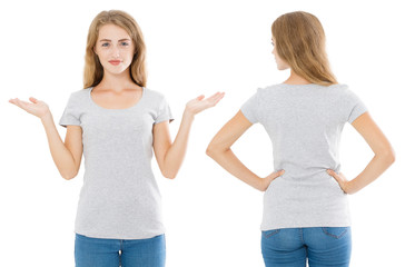 Close up of gray t shirt set. Woman in blank template tshirt with copy space isolated on white background. Front and rear view. Mock up