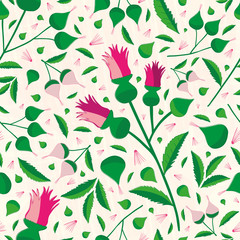 Elegant vibrant floral pattern in hues of pink and green on a soft textured background. Seamless sophisticated vector design Perfect for stationery, textiles, home decor, giftwrapping and packaging.