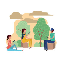 group of people with smartphone in landscape character