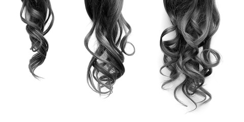 Black long wavy hair on a white background. Growth process step by step