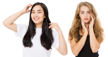 Young asian and caucasian women with healthy clean shiny hair isolated on white background. Skin care. Girl long hairstyle. Copy space