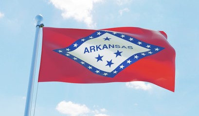 Arkansas (USA) flag waving against blue sky. 3d image