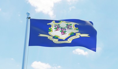 Connecticut (USA) flag waving against blue sky. 3d image