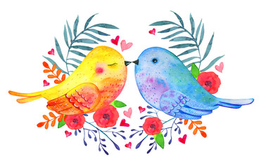 Kissing love birds couple with decorative flowers. Watercolor hand drawn illustration