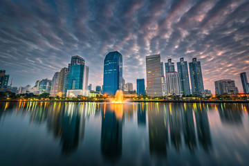 Fototapeta premium Cityscape image of Benchakitti Park at twilight time in Bangkok, Thailand.