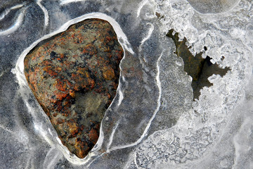lód na rzece i kamienie, zima