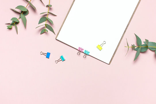 Flat lay clipboard with blank paper, green eucalyptus branches on pastel pink background. Top view female office workspace minimal mock up template concept, copy space. Feminine floral desktop
