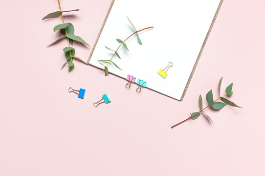 Flat lay clipboard with blank paper, green eucalyptus branches on pastel pink background. Top view female office workspace minimal mock up template concept, copy space. Feminine floral desktop