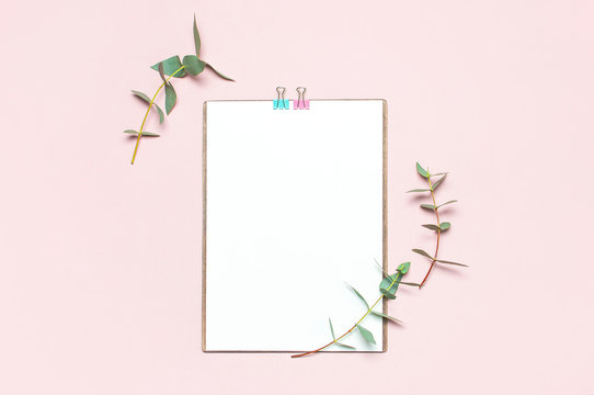 Flat lay clipboard with blank paper, green eucalyptus branches on pastel pink background. Top view female office workspace minimal mock up template concept, copy space. Feminine floral desktop