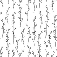 Vector seamless pattern with outline blossoming Willow twigs in black on the white background. Branch with blooming pussy Willow in contour style for springtime design and Easter coloring book. - obrazy, fototapety, plakaty