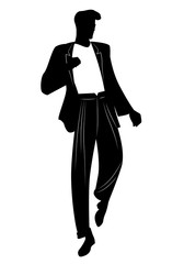 Silhouette of man dancing new wave music wearing clothes in the style of the 80s isolated on white background