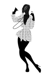 Silhouette of woman dancing new wave music wearing clothes in the style of the 80s isolated on white background