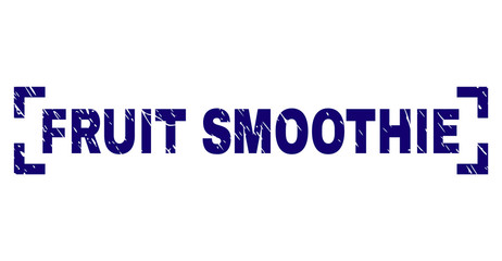 FRUIT SMOOTHIE text seal print with grunge effect. Text title is placed inside corners. Blue vector rubber print of FRUIT SMOOTHIE with grunge texture.