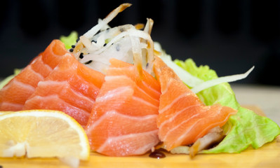 Overhead japanese sushi food. Maki ands rolls with tuna, salmon, shrimp, crab and avocado. Top view of assorted sushi, all you can eat menu. Rainbow sushi roll, uramaki, hosomaki and nigiri.