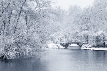 Snowy day in landscape park with bridge over water and frozen trees around it