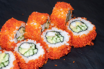 Overhead japanese sushi food. Maki ands rolls with tuna, salmon, shrimp, crab and avocado. Top view of assorted sushi, all you can eat menu. Rainbow sushi roll, uramaki, hosomaki and nigiri.