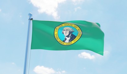 Washington (USA) flag waving against blue sky. 3d image