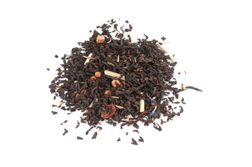 Dry black tea leaves on white background